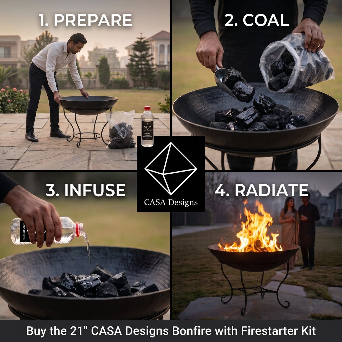 4 steps to show how to light a bonfire wit our signature bonfire kit