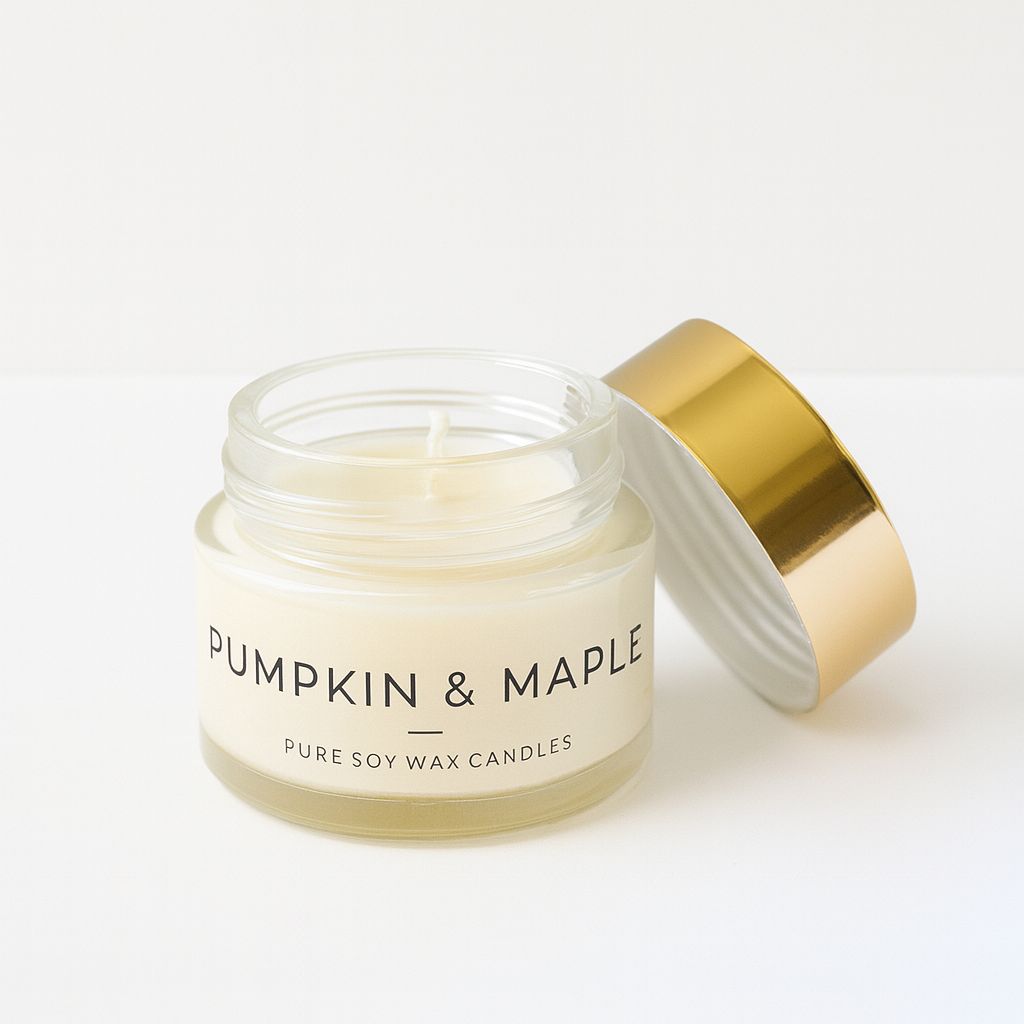Candle jar labeled 'Pumpkin & Maple' with a gold lid on a white background