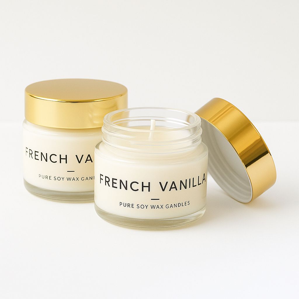 Two 'French Vanilla' candles with gold lids on a white background