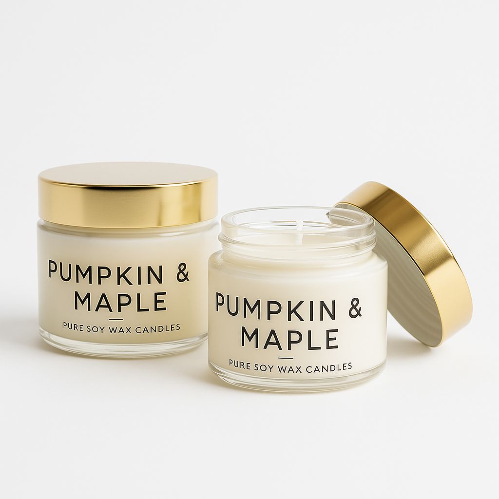 Two 'Pumpkin & Maple' candles with gold lids on a white background