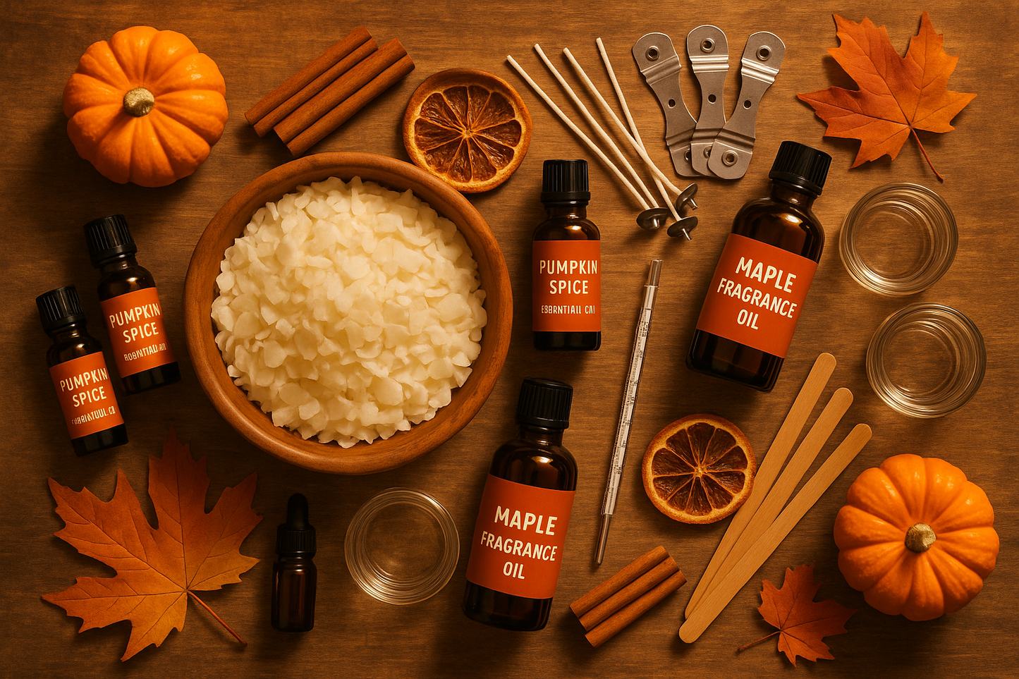 Ingredients for pumpkin and maple scented candle