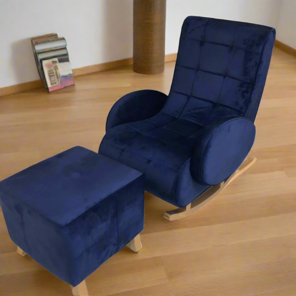 blue rocking chair in velvet fabric with a matching footstool.