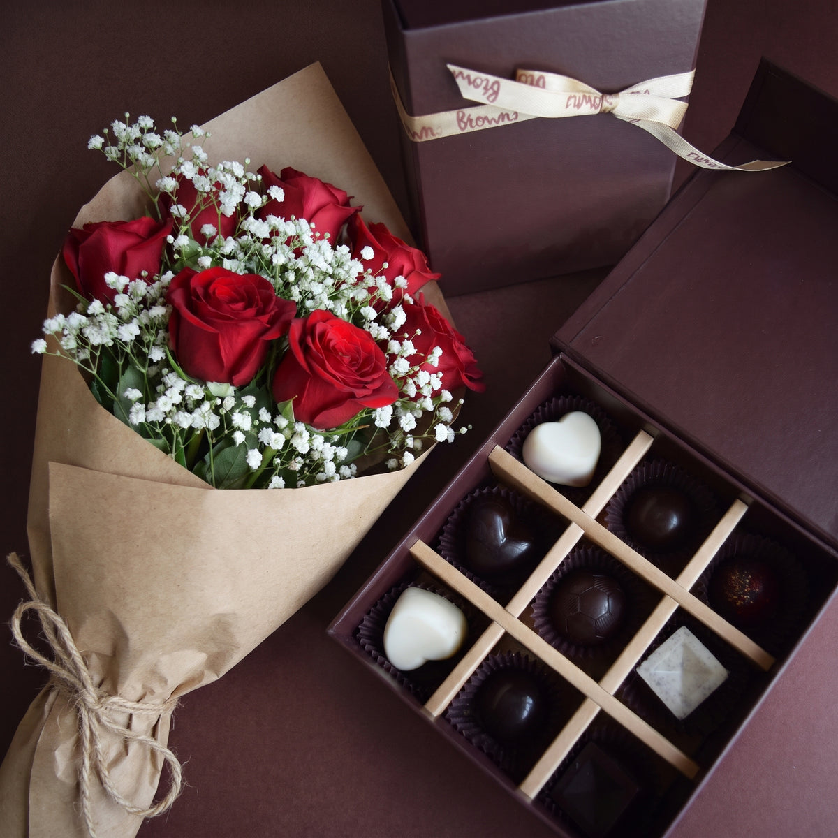 Box of 9 Handcrafted Chocolates and Flower Bouquet