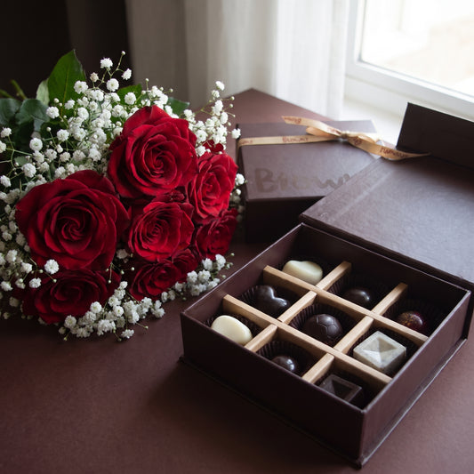 Box of 9 Handcrafted Chocolates and Flower Bouquet