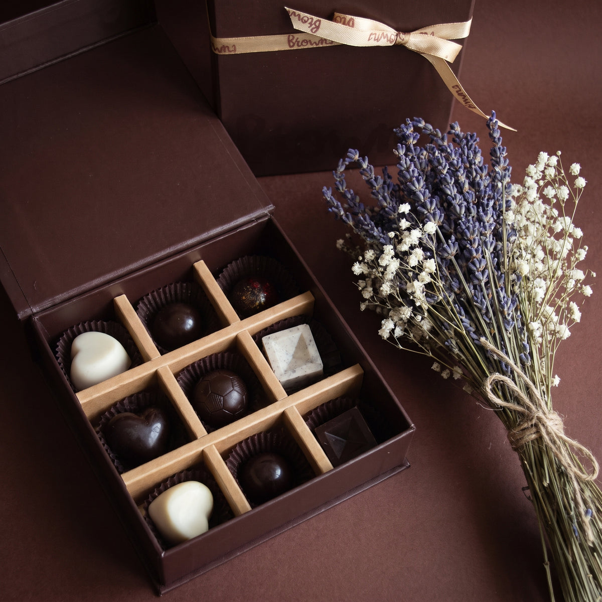 Box of 9 Handcrafted Chocolates and Flower Bouquet