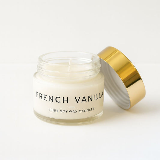 Jar of 'French Vanilla' pure soy wax candle with a gold lid on a white background