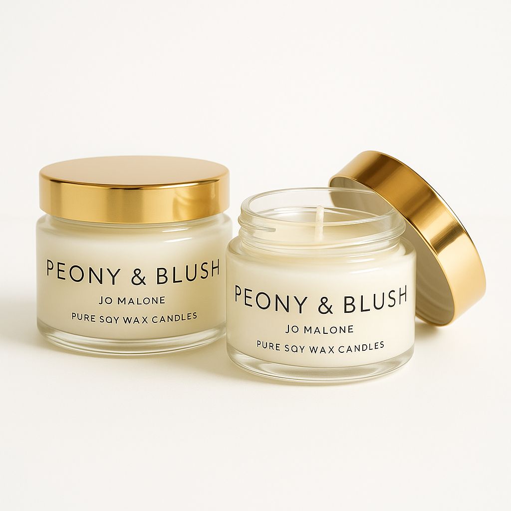 Two Jo Malone 'Peony & Blush' candles with gold lids on a white background
