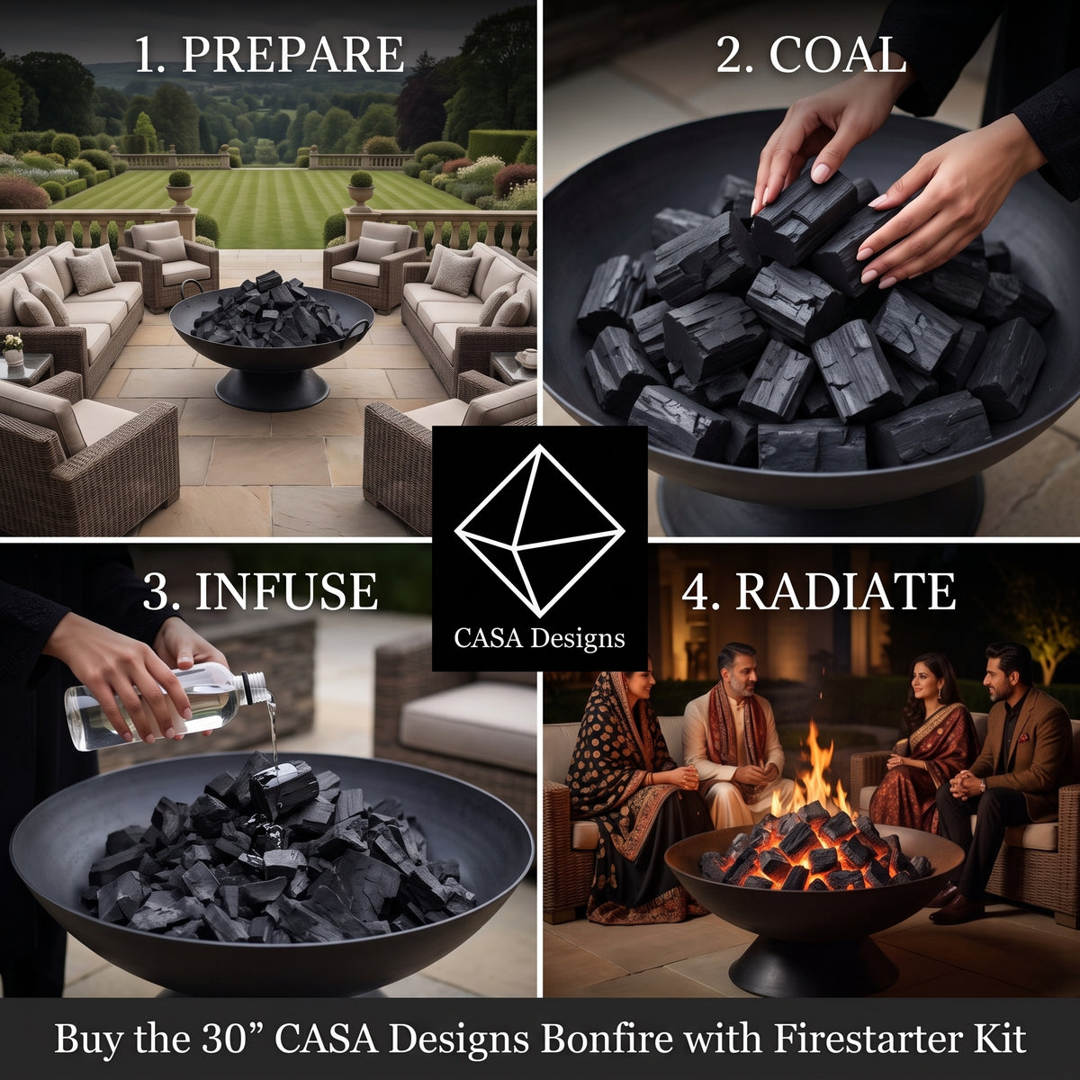 4 step process to prepare and light a bonfire pit.