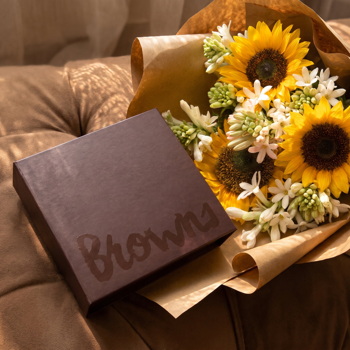 Box of 9 Handcrafted Chocolates and Flower Bouquet